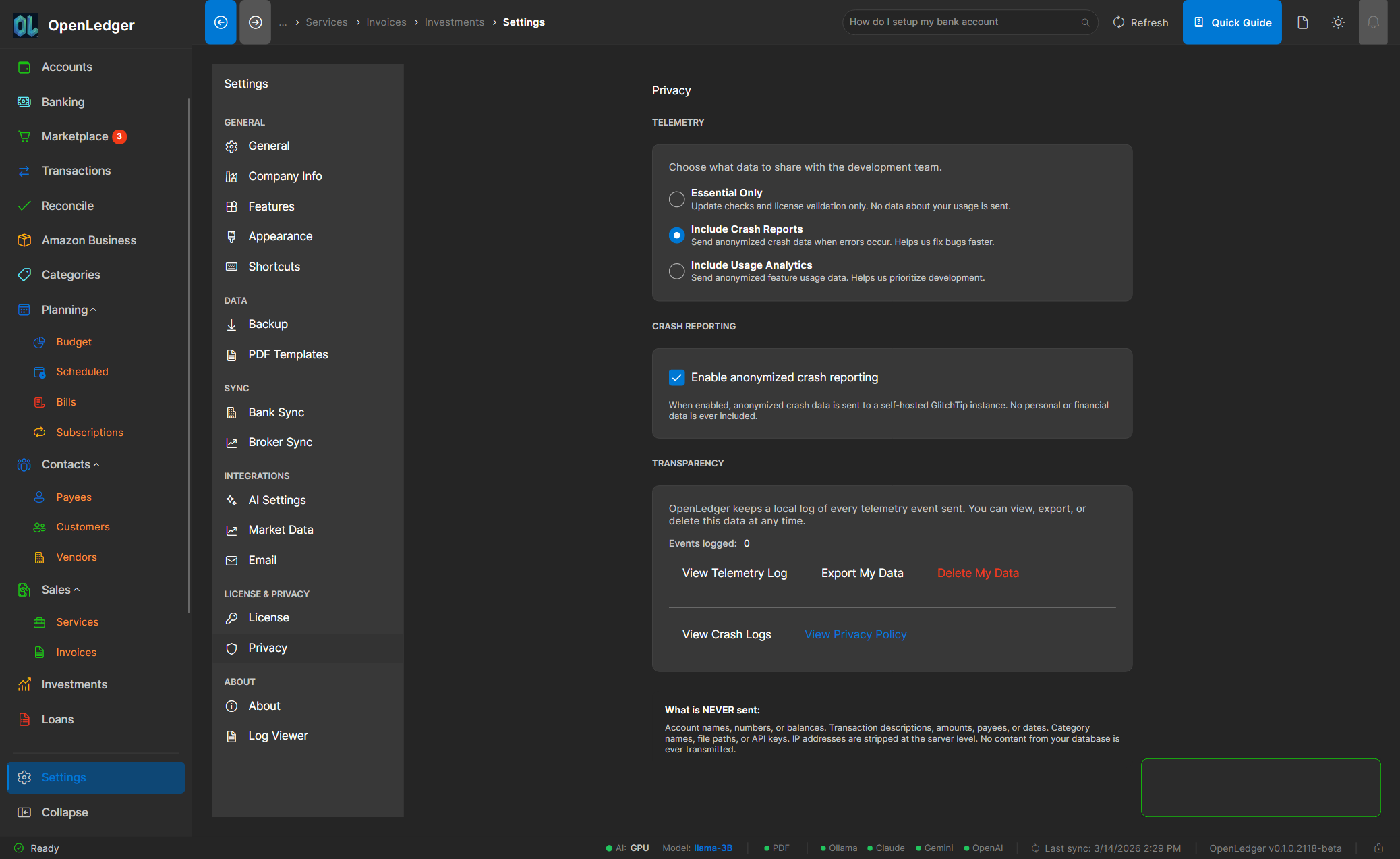 OtterLedger Settings